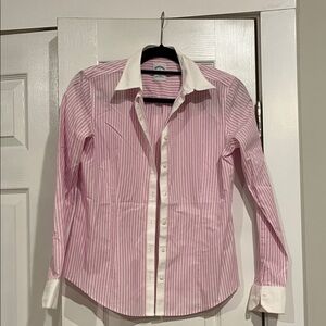Brooks Brothers Pink and White Striped Non Iron Fitted Cotton Shirt